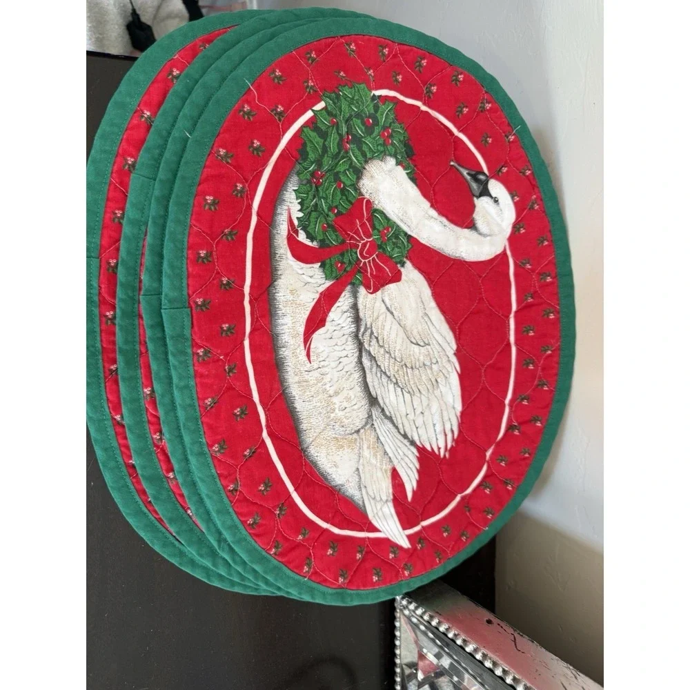 Vintage Christmas Placemats Set Of 4 Swan With Wreath‎ Red Multi